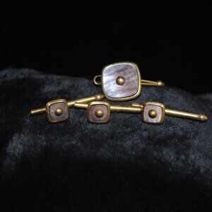 Vintage Set of 3 Hickok Rolled Gold Plate Pearl Shell Shirt Studs and Single Cuf